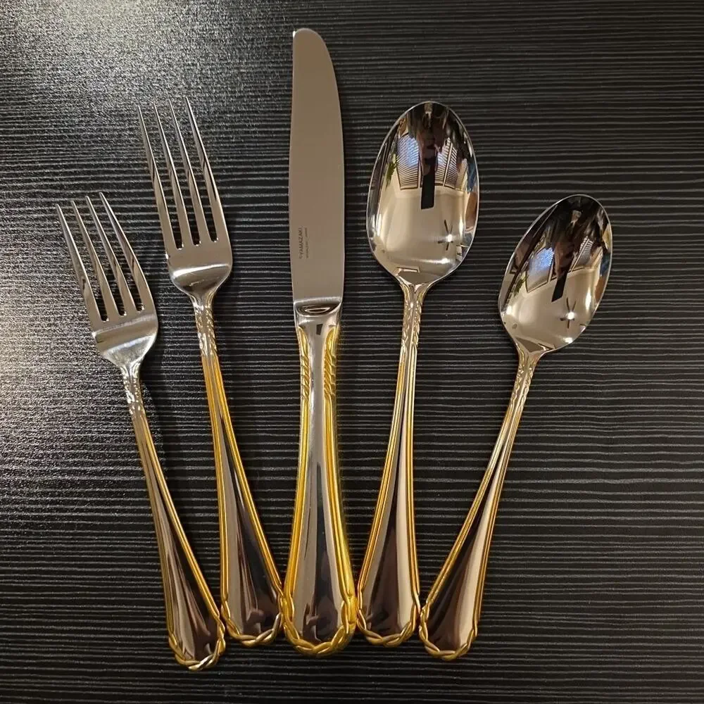 Vintage Tasha Yamazaki Gold Accent Stainless Flatware 5 PC Place Setting discont